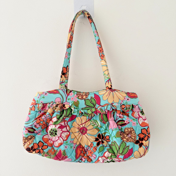 Bright Floral 100% Silk Shoulder Bag Quilted Tropical Y2K Retro Purse Girly - Picture 2 of 7